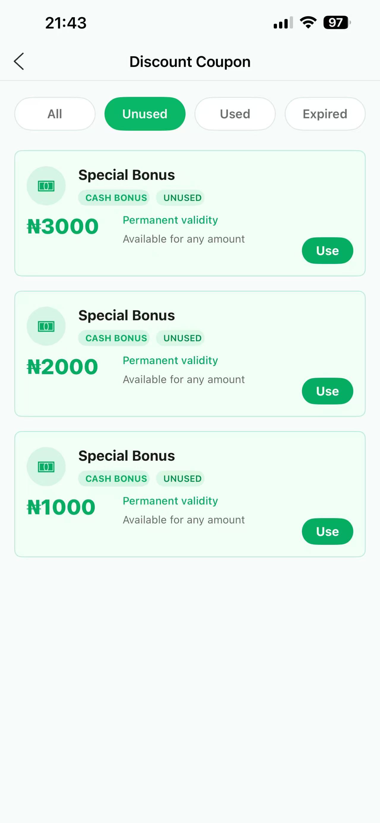 Discount coupons screen