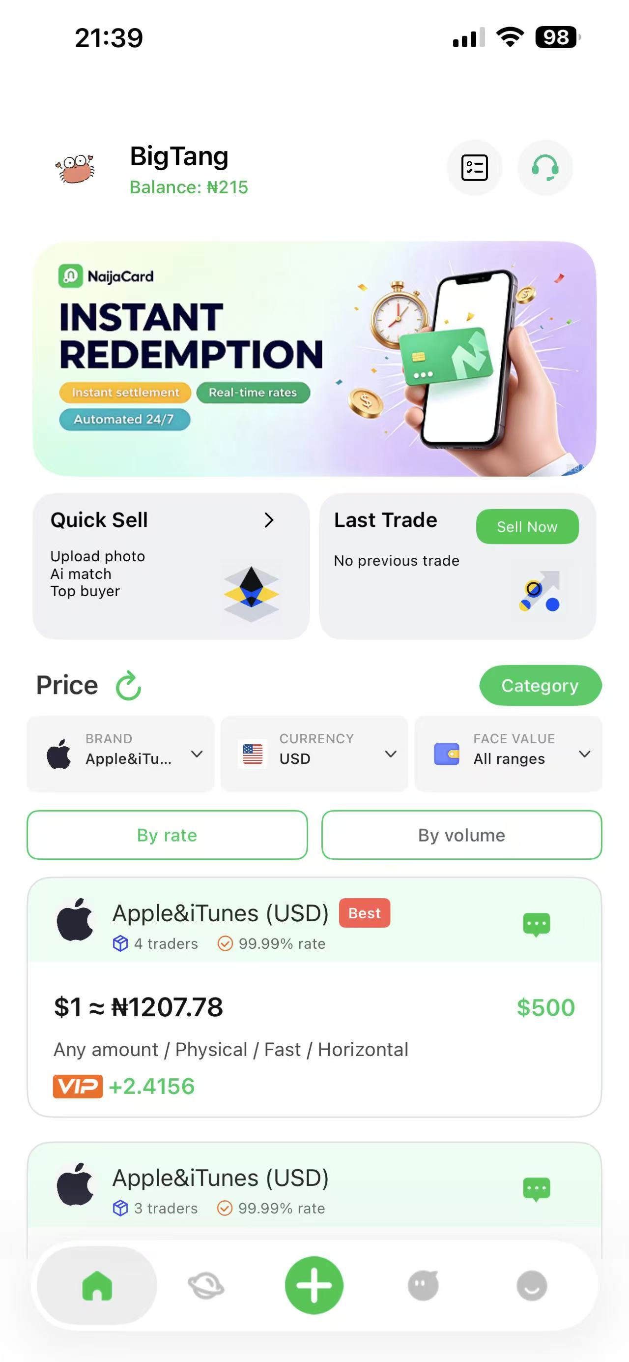 NaijaCard app home screen showing live gift card rates